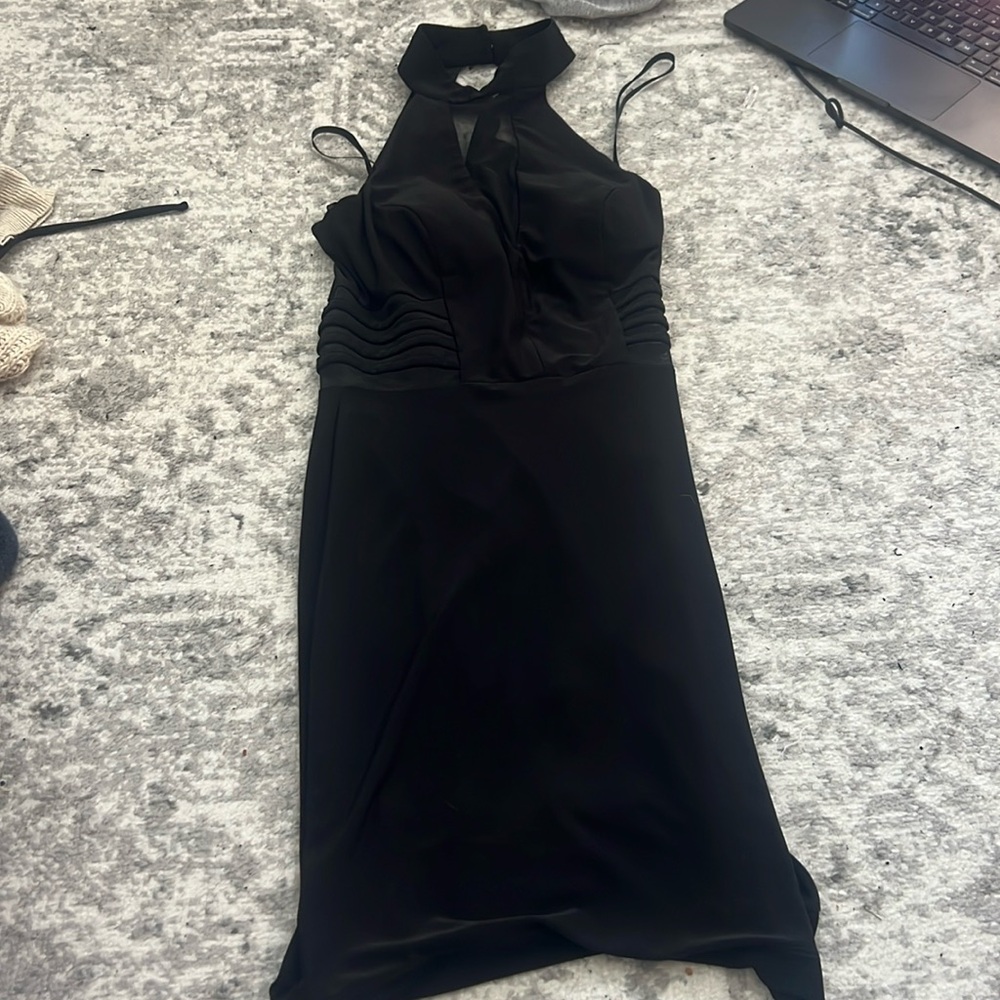 Black high neck mini dress